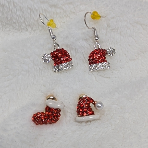 Christmas Earrings Bundle of 2 Bejeweled Drop and Stud Earrings Santa Hat - Picture 1 of 7
